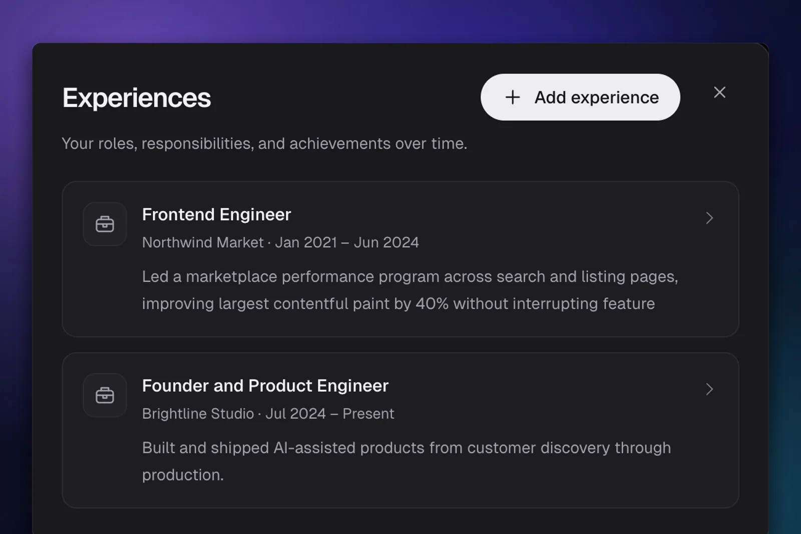 Career Profile roles and specific achievements used to personalize interview answers