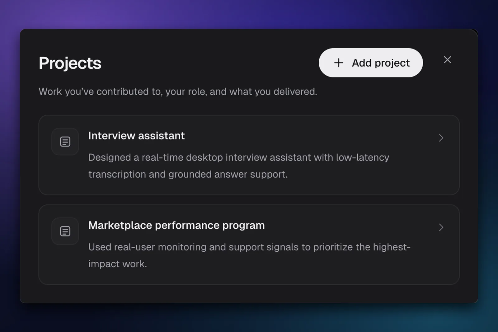 Career Profile projects with the work, technologies, and outcomes behind each example