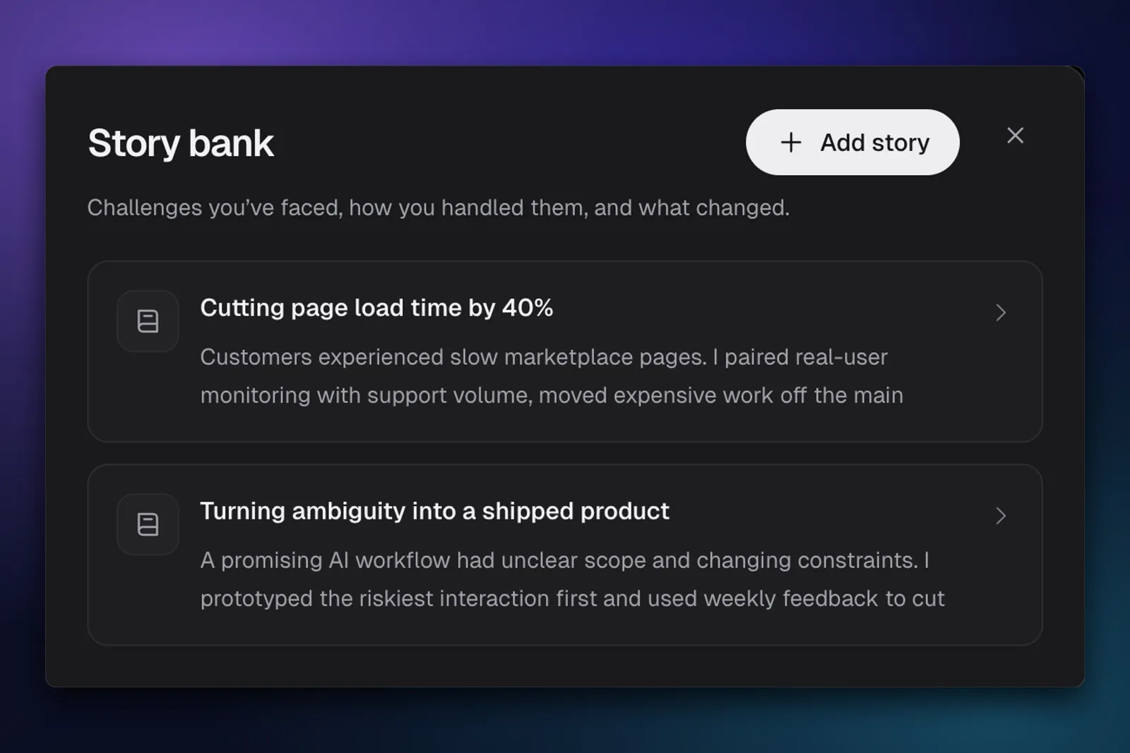 Career Profile story bank with concrete examples to draw on in behavioral interviews