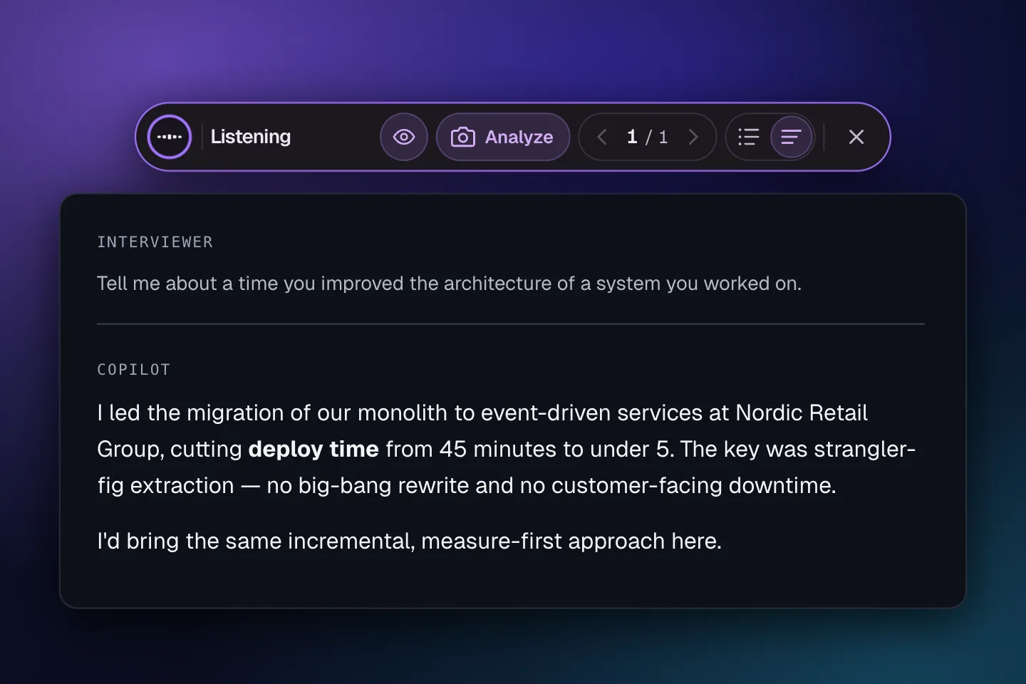 The InterviewCopilot overlay listening to an interview, showing the interviewer's question and a streamed first-person answer