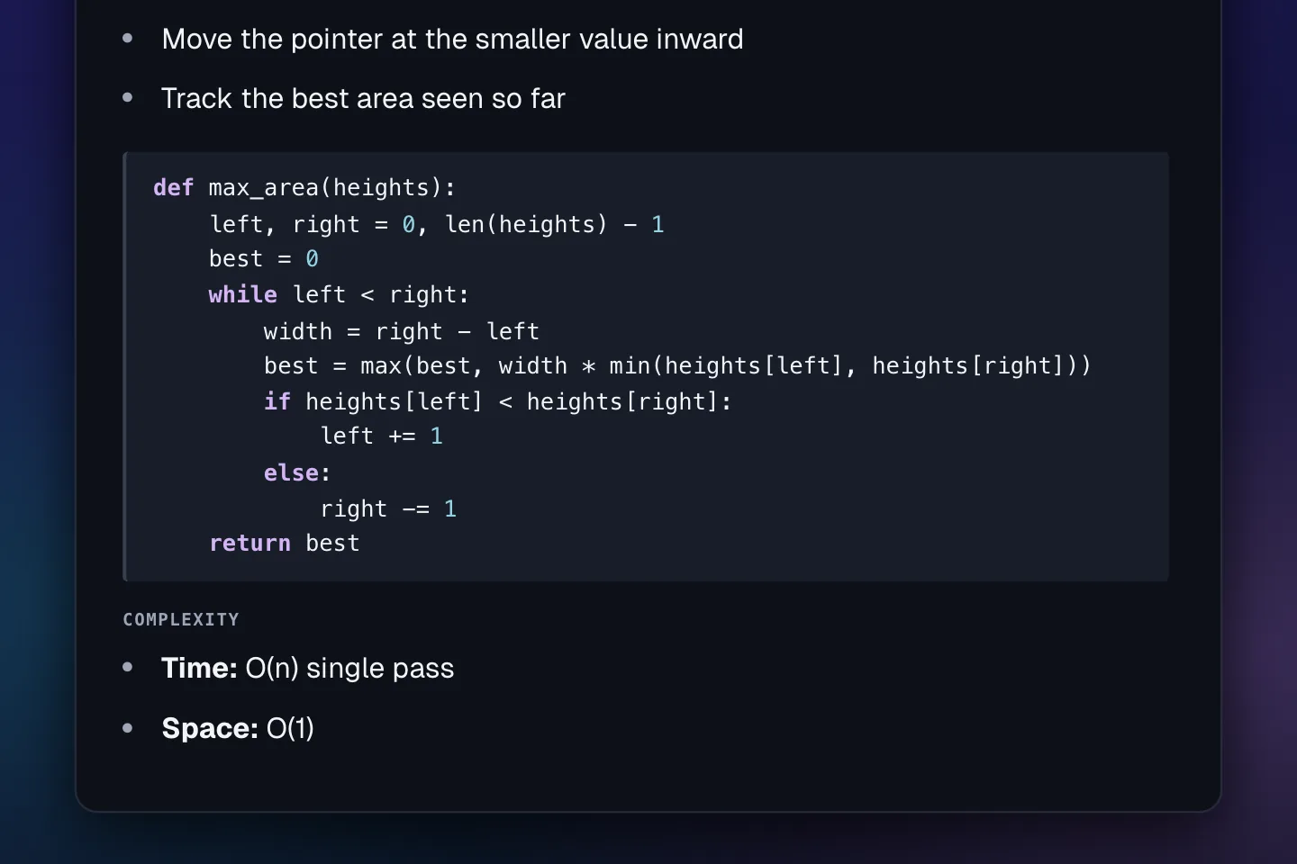 A close-up of the Python solution and its time and space complexity in Coding mode