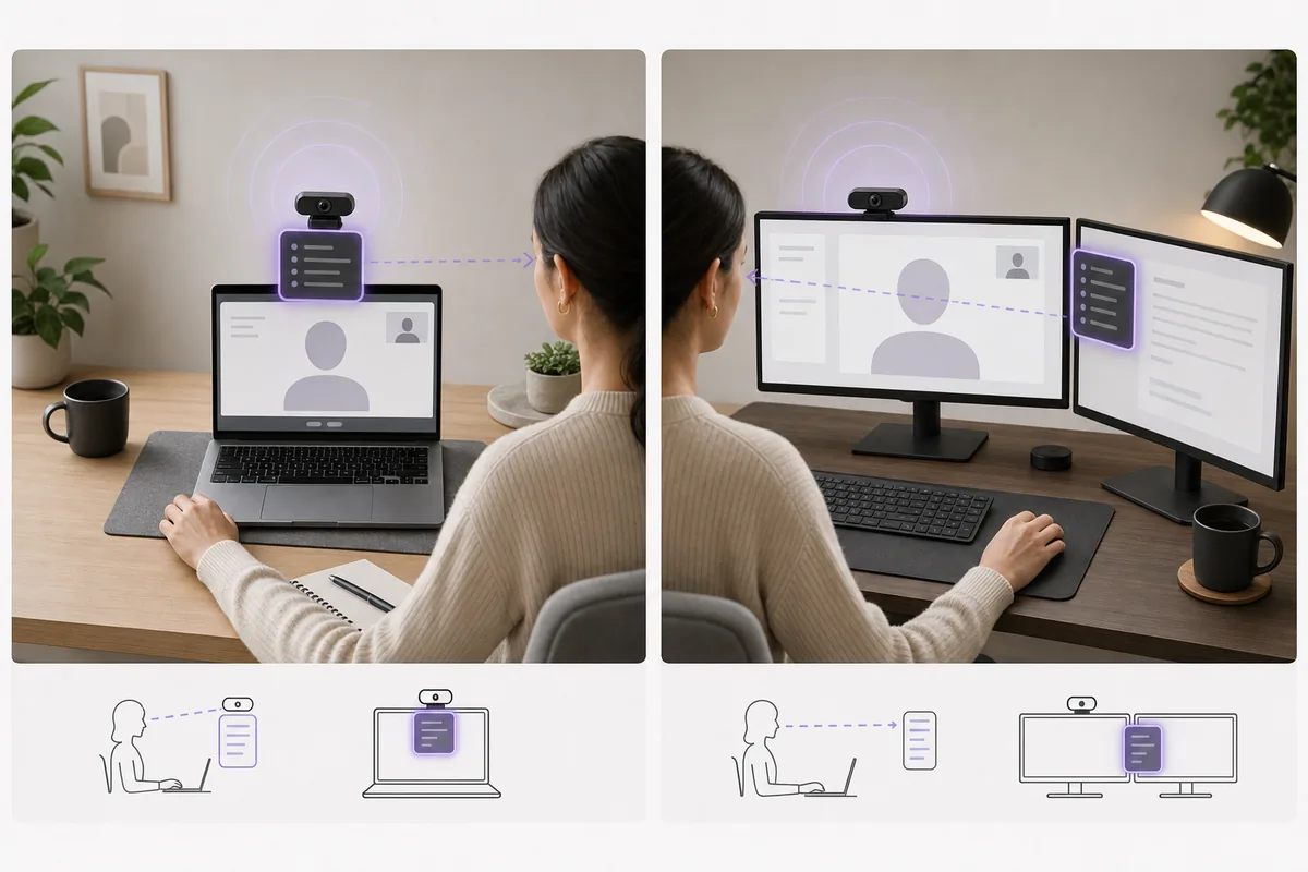 Recommended AI interview overlay positions for single-monitor and dual-monitor desk setups