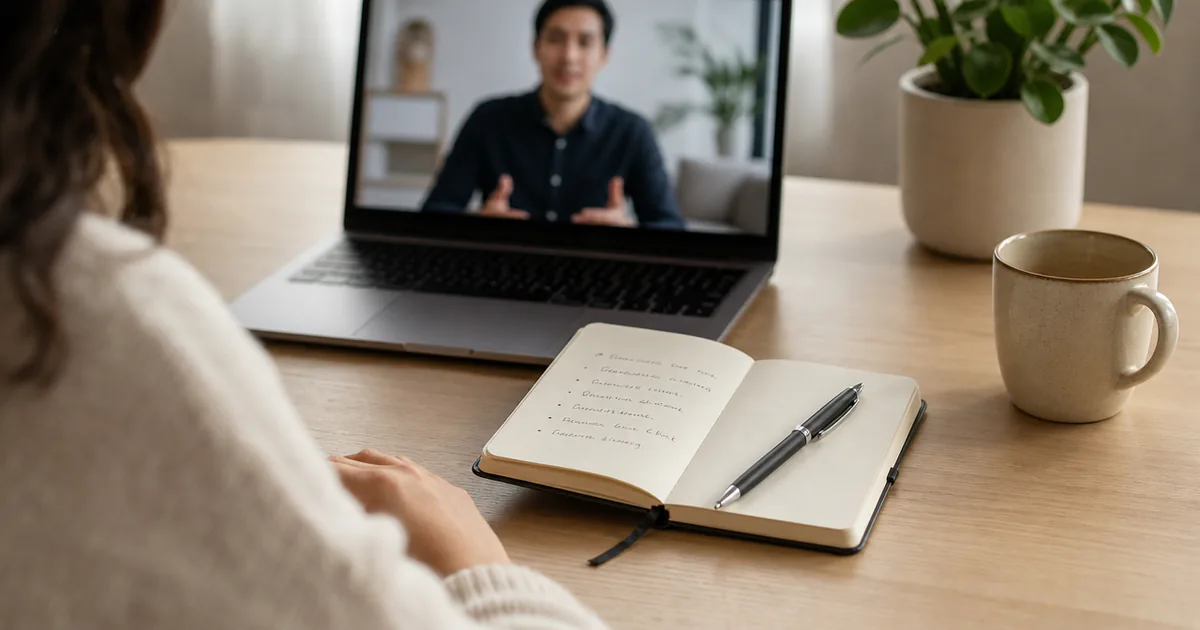 A short page of interview notes beside a laptop during a video conversation.