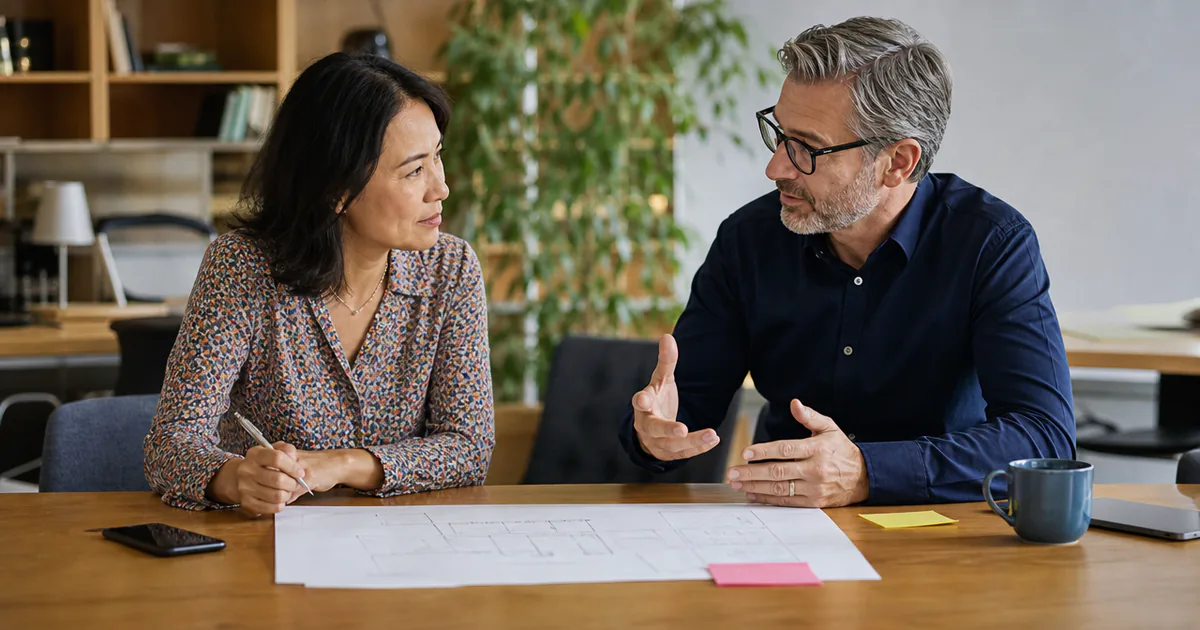 Two colleagues discussing a shared plan across a table.