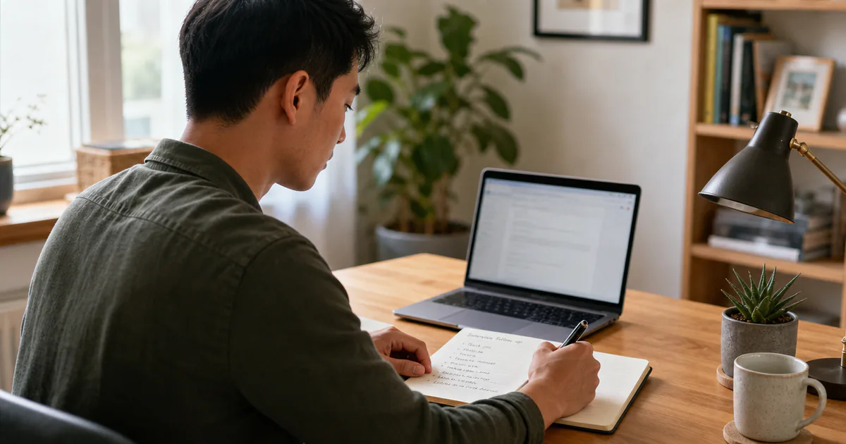 A candidate drafting a follow-up message at a laptop.
