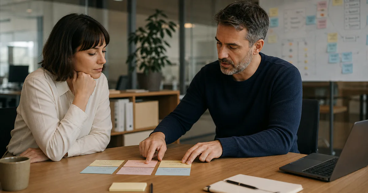 Two colleagues reviewing priorities on small note cards.