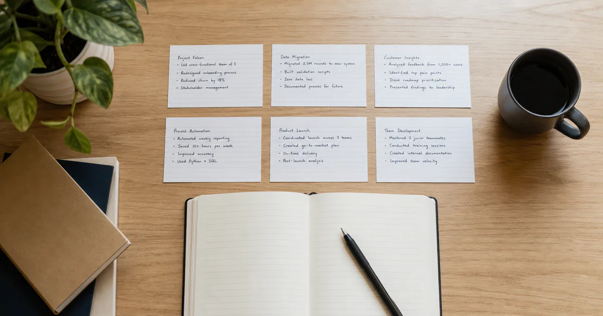 Six project reminder cards arranged above an open notebook.