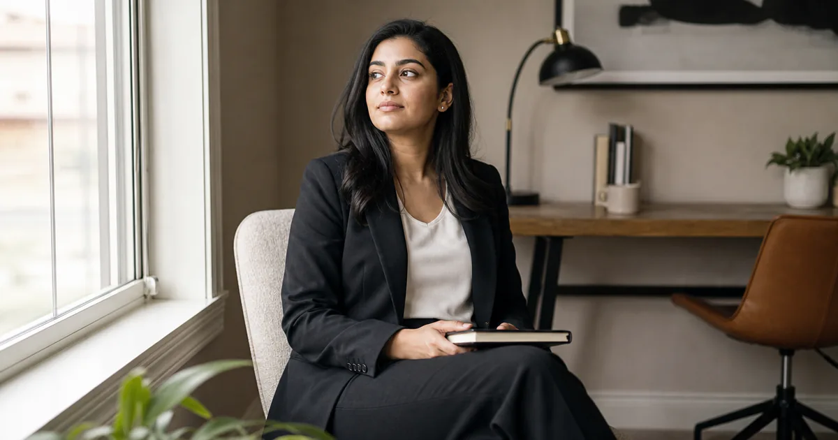 A candidate seated by a window with a notebook before an interview.