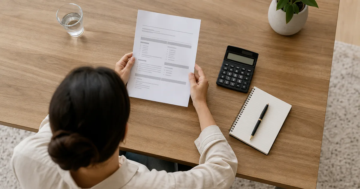 A candidate reviewing a printed offer beside a calculator and notebook.