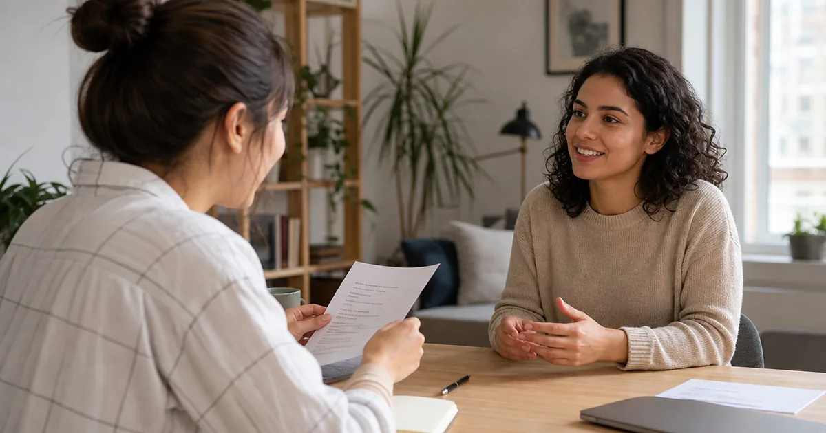 Two people practicing interview questions across a table.