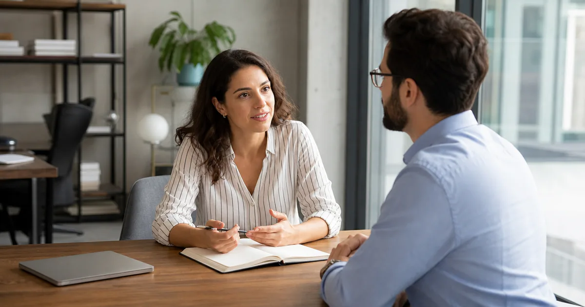 Two colleagues meeting to discuss an internal role.