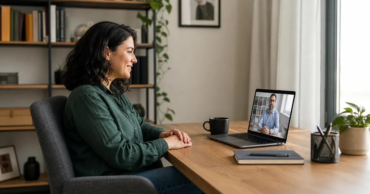 A candidate seated comfortably at a desk during a video conversation.