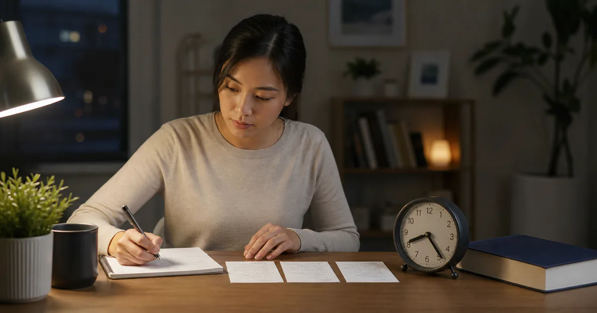 A candidate preparing handwritten notes at a desk in the evening.