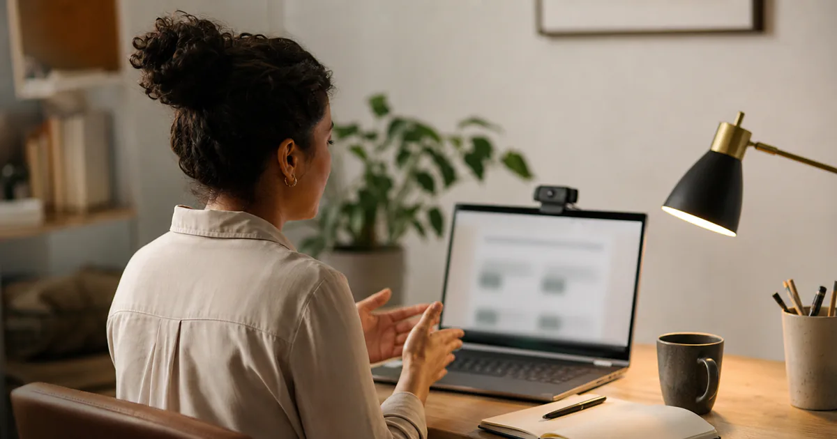 A candidate recording a practice answer at a laptop.