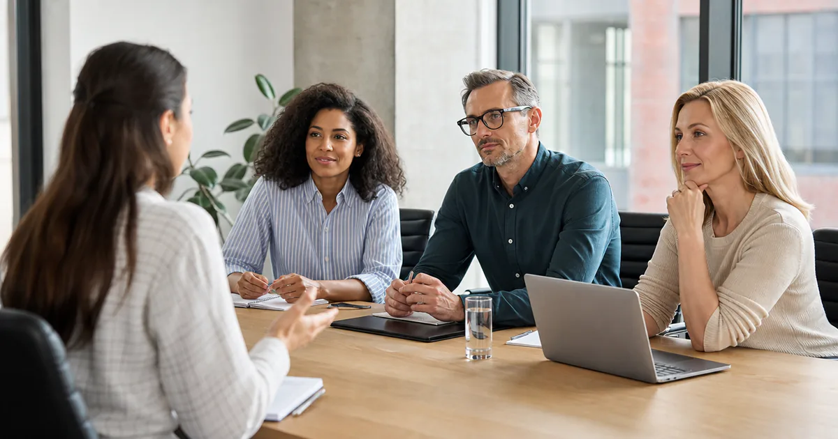 A candidate discussing a role with three interviewers around a table.