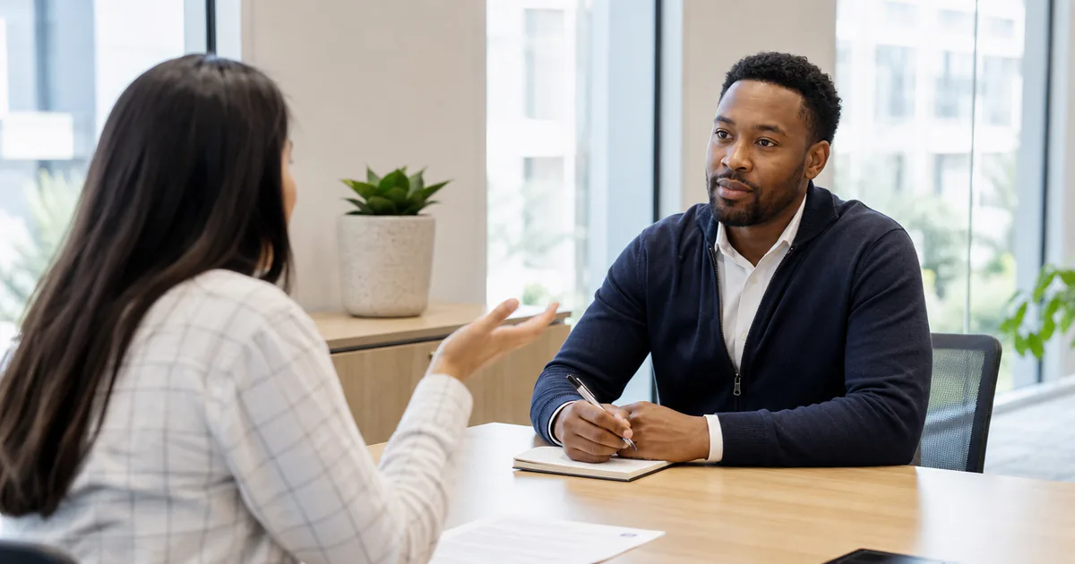 A candidate asking an interviewer a question during a conversation.