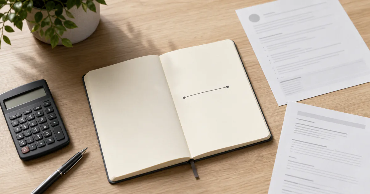 Notebook with a simple range line beside a calculator and documents.