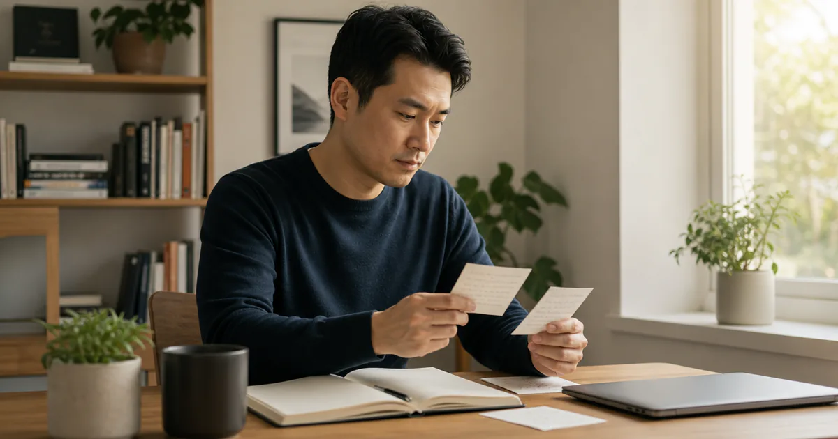 Candidate reviewing project reminder cards and a notebook before an interview.
