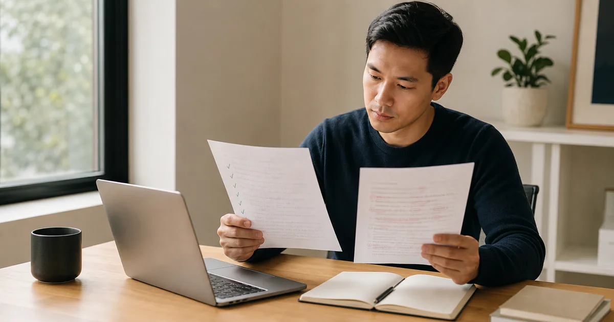A candidate reviewing two pages of preparation notes beside a laptop.