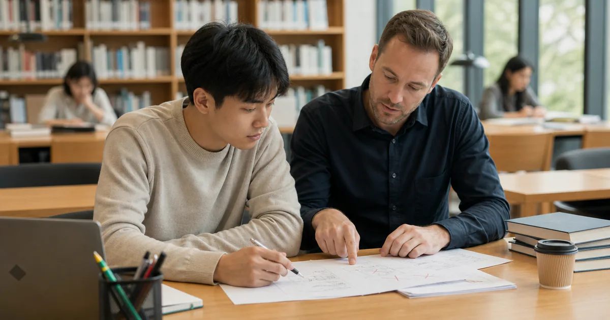 A candidate and a mentor reviewing a project worksheet at a library table.
