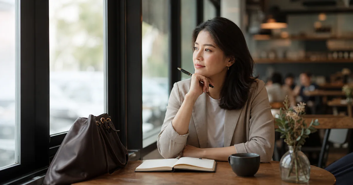 A candidate reflecting with a notebook beside a café window.