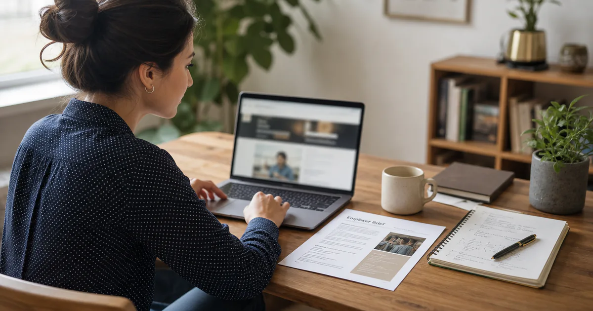 A candidate researching an employer on a laptop with printed notes nearby.