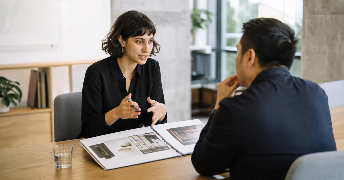 A candidate presenting examples of past work to an interviewer.
